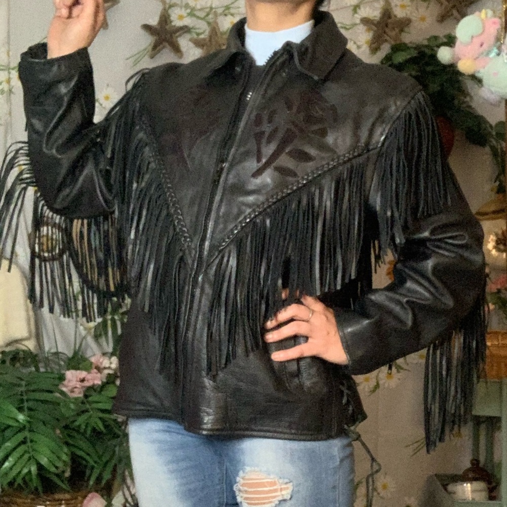 Vintage 80s black leather fringe biker jacket rose patchwork braided accents - Picture 6 of 11